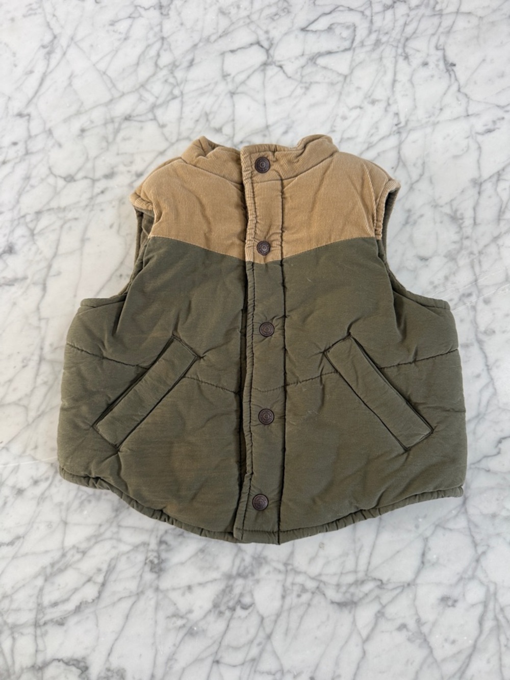 Janie and Jack Sz 12/18 Mo Kids Vest Puffer Colorblock Corduroy Olive and Tan